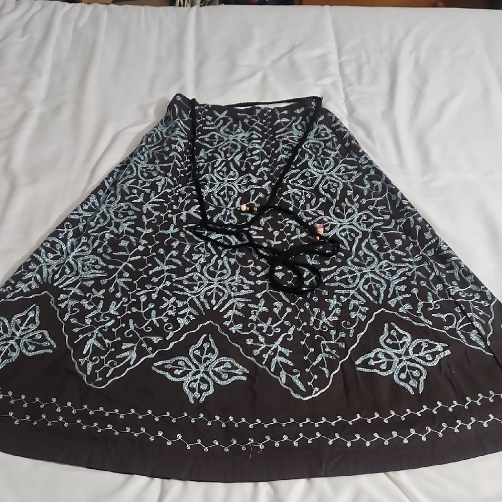 Soft Surroundings Chocolate Skirt with Teal Embroidery